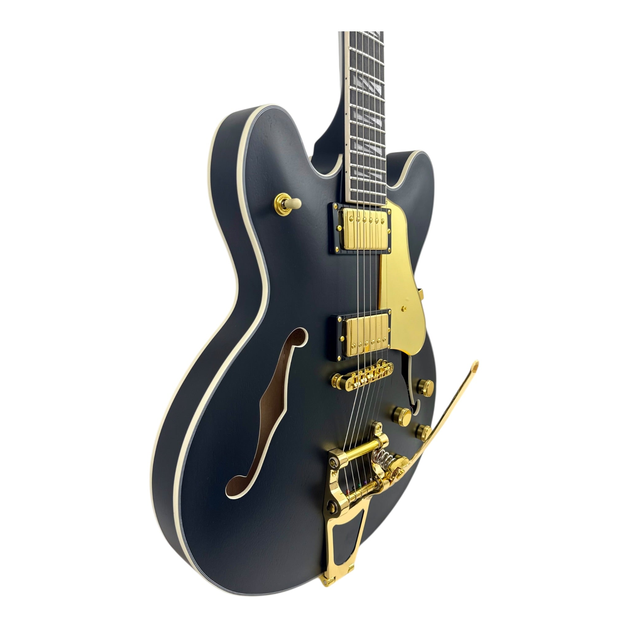 The Haze Nightshade SEG1975BK Maple Semi-Hollow Arched Top HES Electric Guitar in Obsidian Black w/ Vibrato Bar