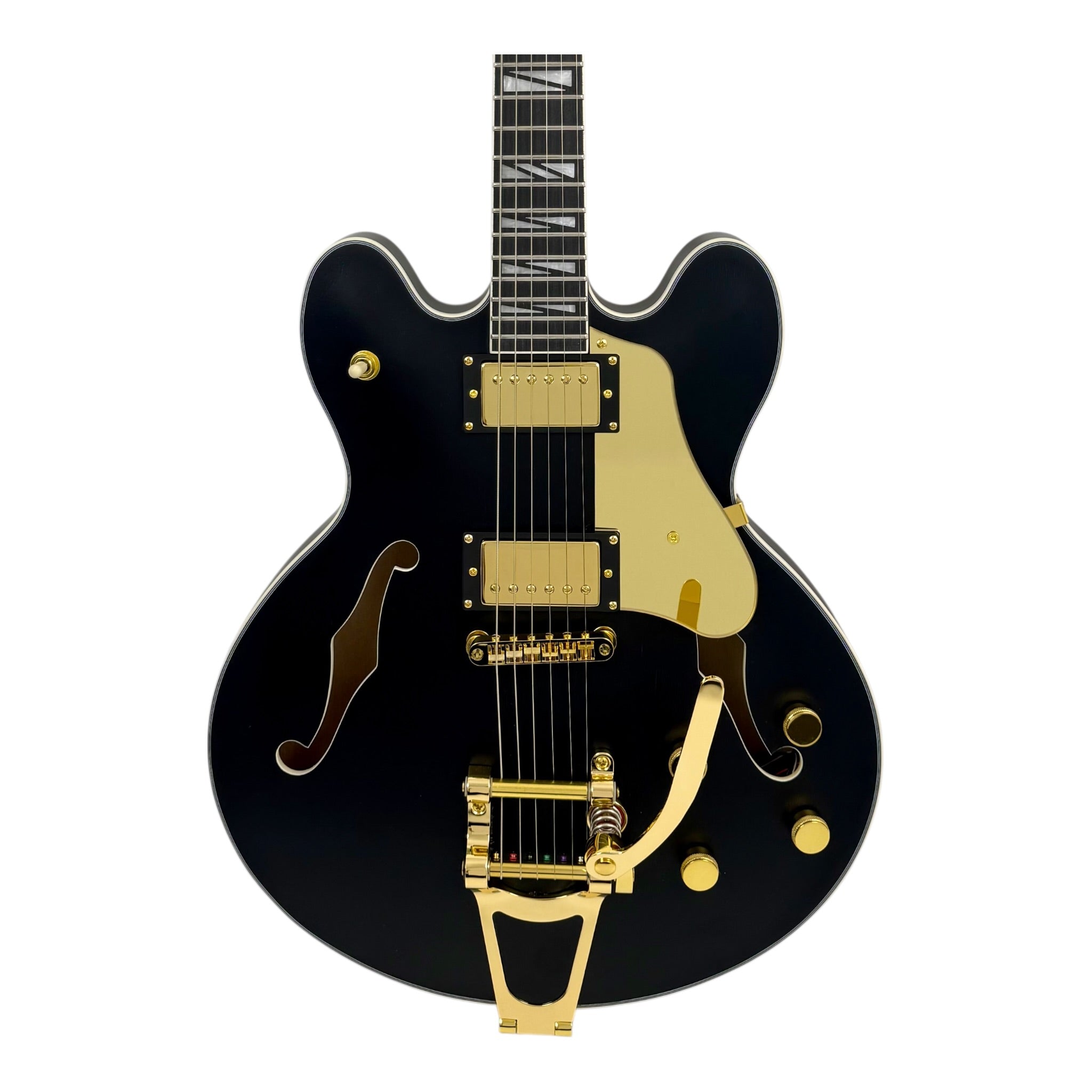 The Haze Nightshade SEG1975BK Maple Semi-Hollow Arched Top HES Electric Guitar in Obsidian Black w/ Vibrato Bar