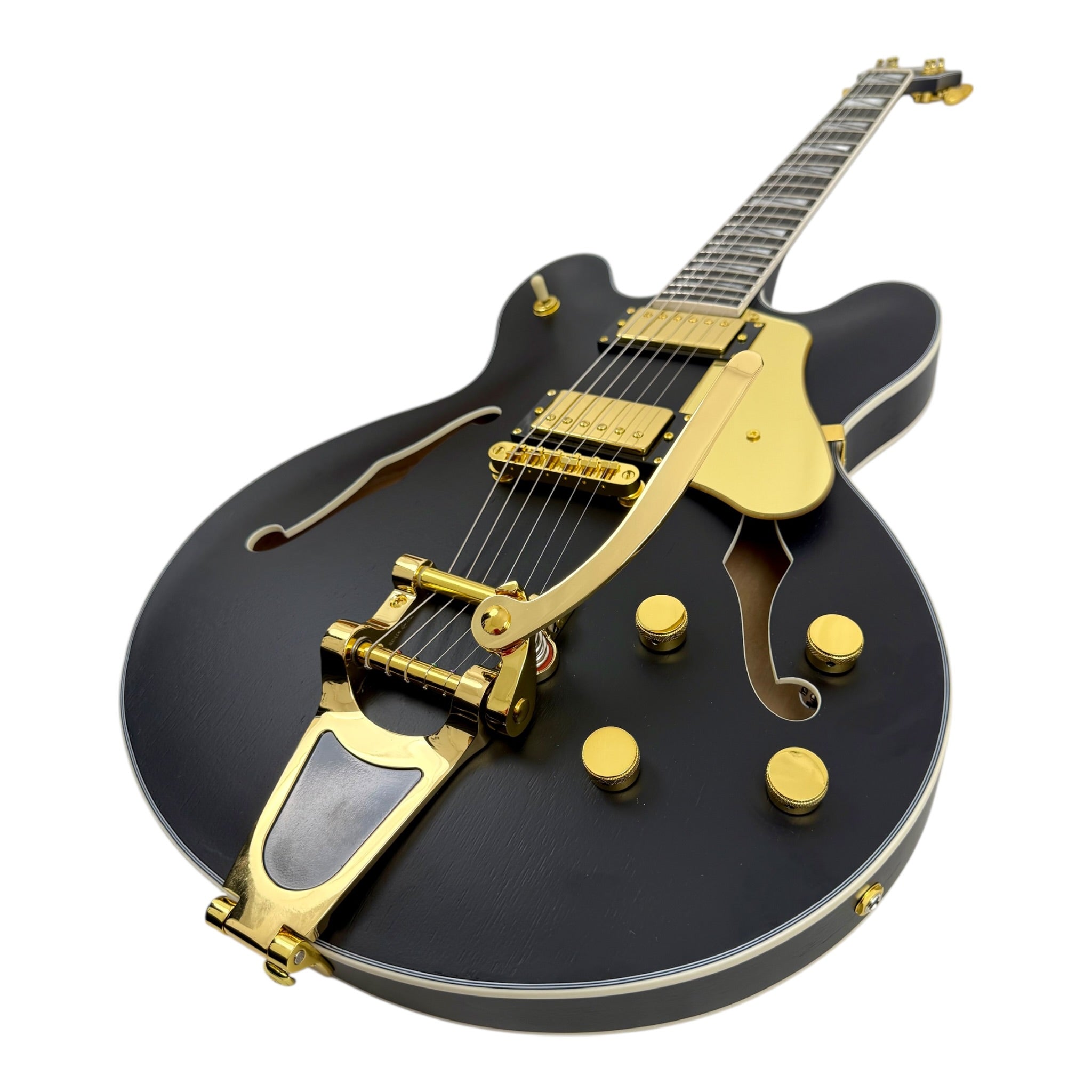 The Haze Nightshade SEG1975BK Maple Semi-Hollow Arched Top HES Electric Guitar in Obsidian Black w/ Vibrato Bar