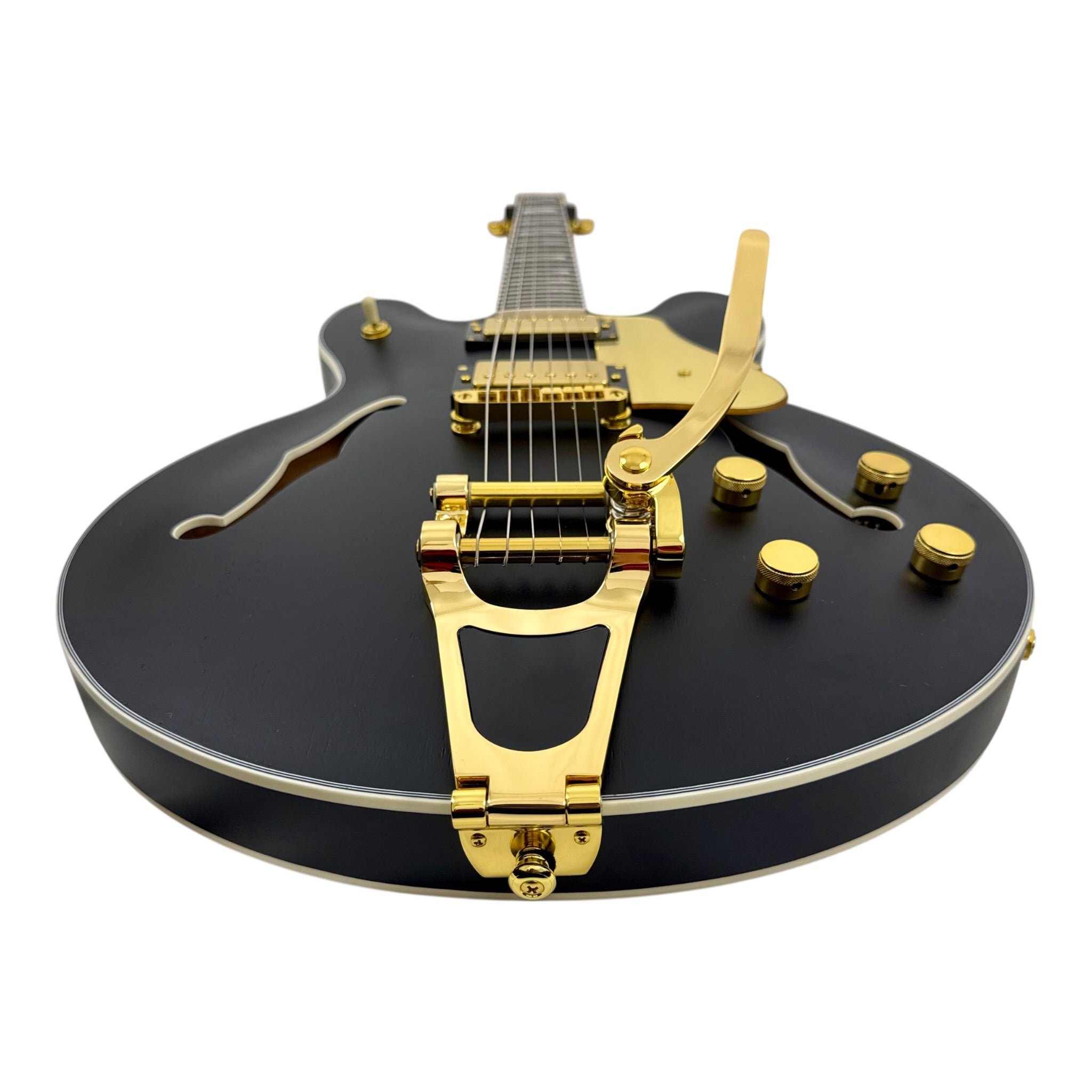 The Haze Nightshade SEG1975BK Maple Semi-Hollow Arched Top HES Electric Guitar in Obsidian Black w/ Vibrato Bar