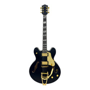 The Haze Nightshade SEG1975BK Maple Semi-Hollow Arched Top HES Electric Guitar in Obsidian Black w/ Vibrato Bar