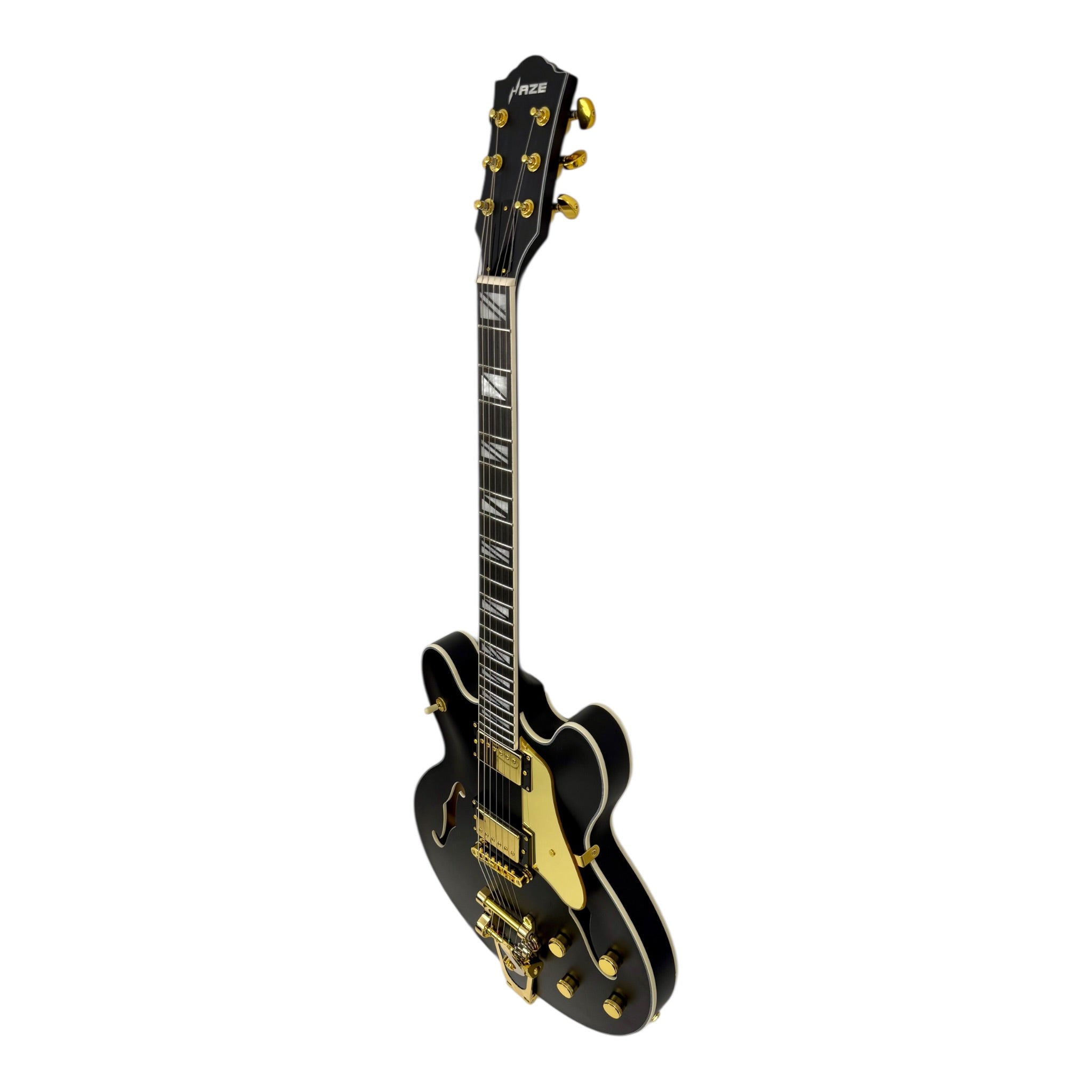 The Haze Nightshade SEG1975BK Maple Semi-Hollow Arched Top HES Electric Guitar in Obsidian Black w/ Vibrato Bar