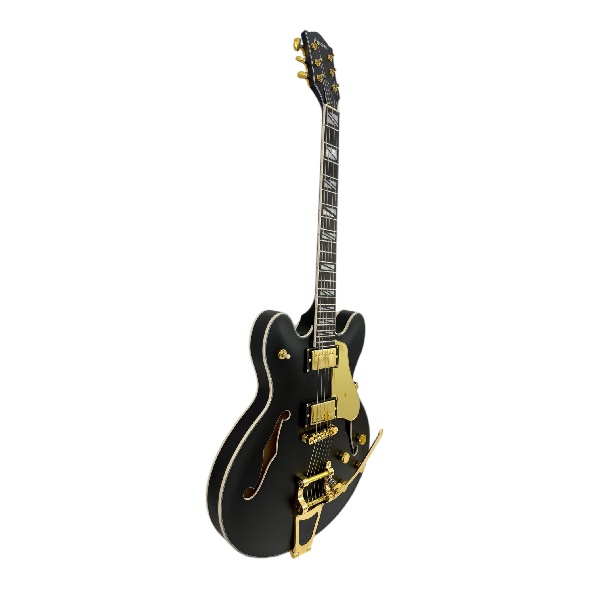 The Haze Nightshade SEG1975BK Maple Semi-Hollow Arched Top HES Electric Guitar in Obsidian Black w/ Vibrato Bar