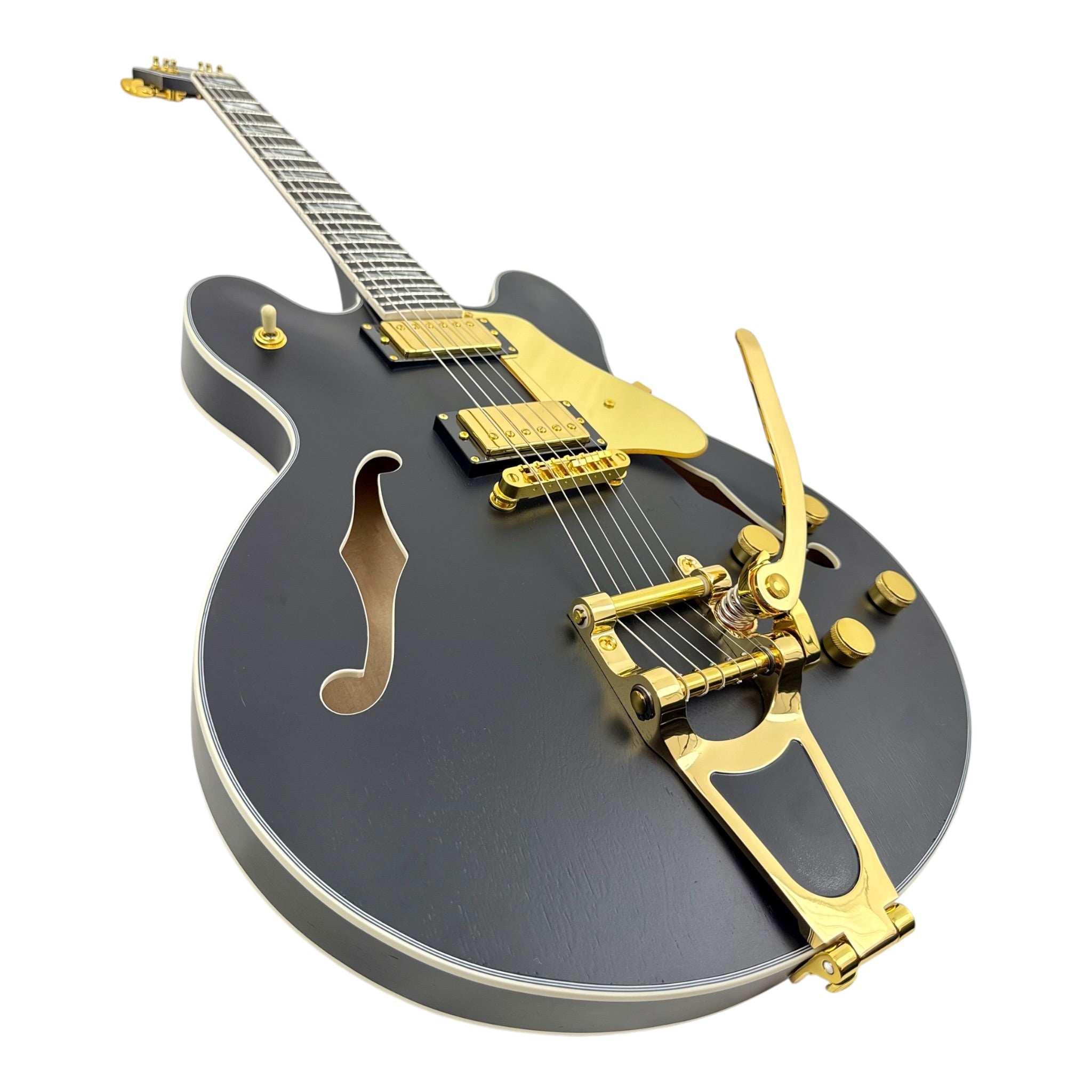 The Haze Nightshade SEG1975BK Maple Semi-Hollow Arched Top HES Electric Guitar in Obsidian Black w/ Vibrato Bar