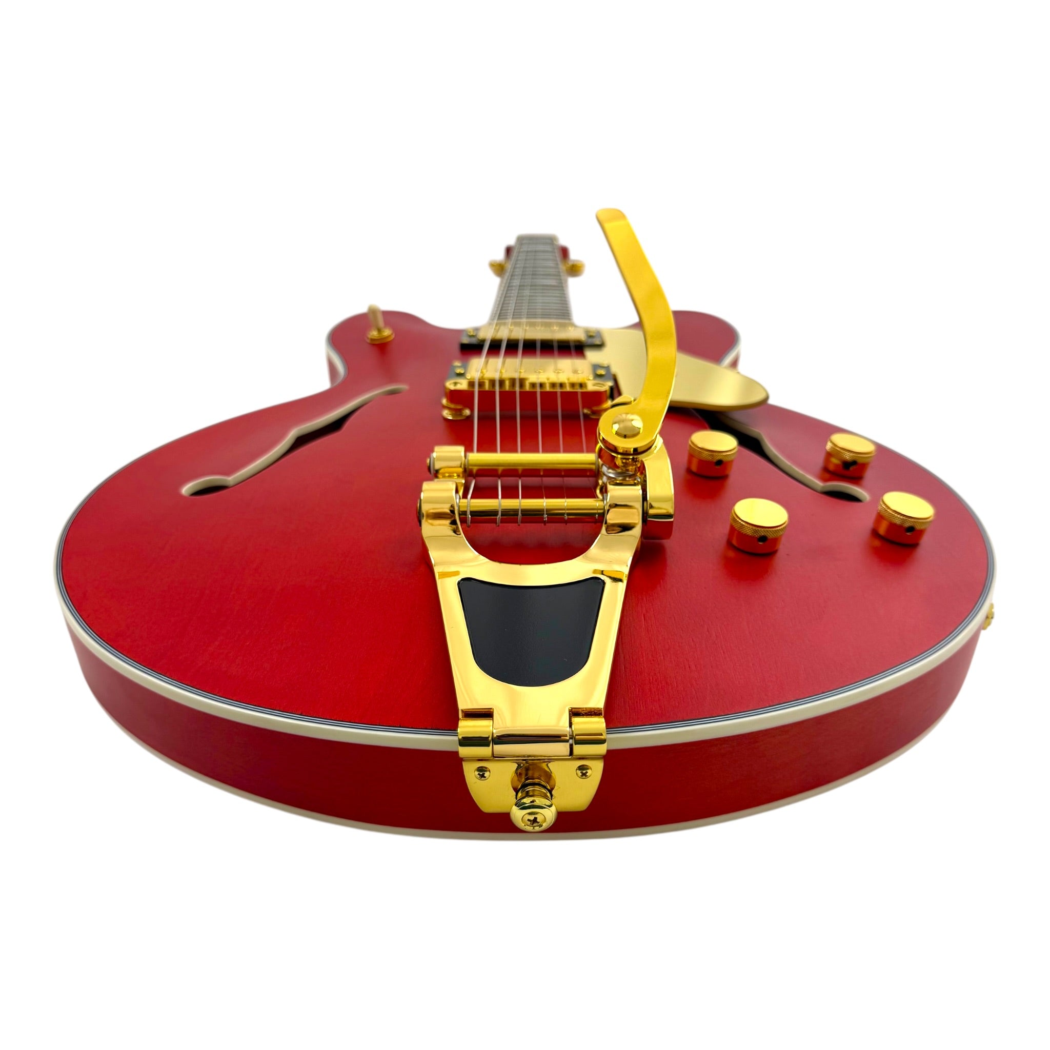Haze SEG1975WRDS Maple Semi-Hollow Arched Top HES Electric Guitar in Wine Red w/ Vibrato Bar