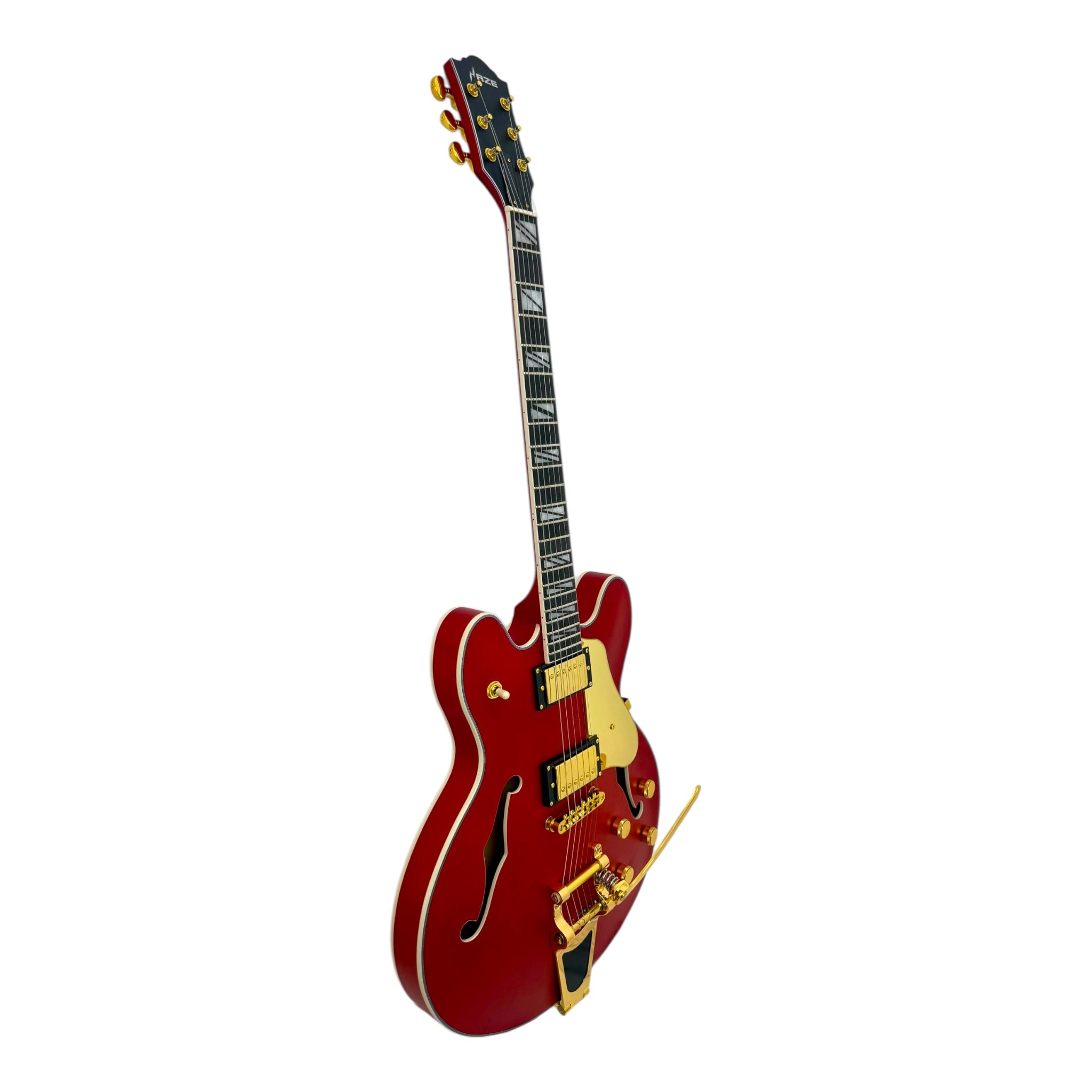 Haze SEG1975WRDS Maple Semi-Hollow Arched Top HES Electric Guitar in Wine Red w/ Vibrato Bar