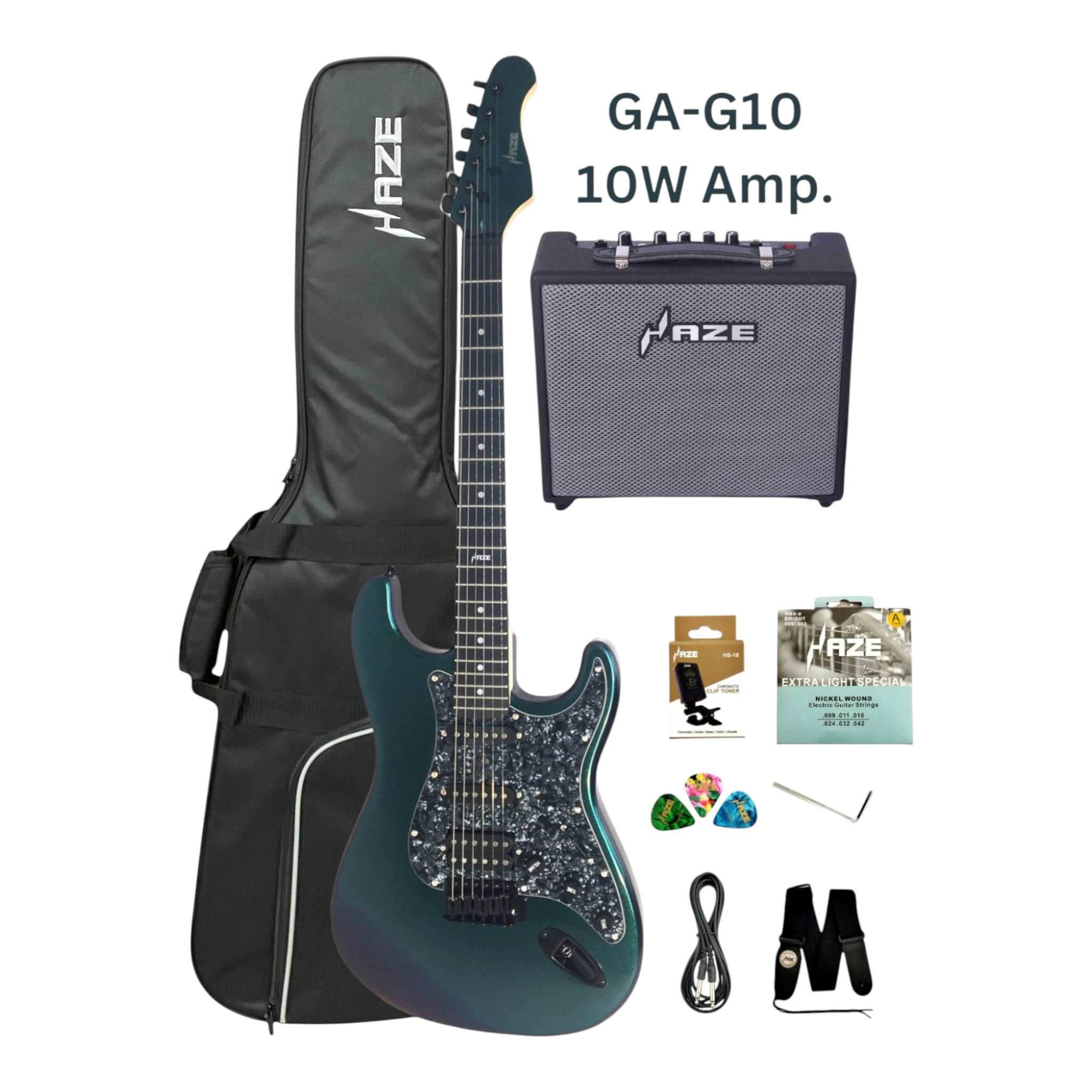 Haze SEG211 Chameleon Green/Purple HST Electric Guitar + 10W Amp. (Optional)