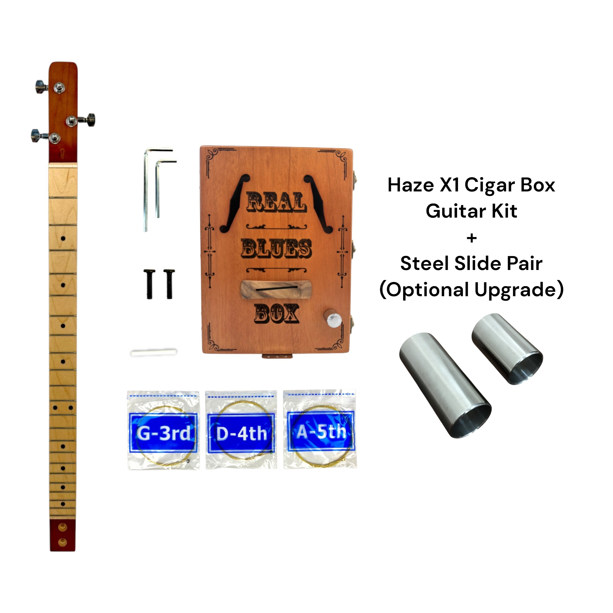Haze X1 "Blues" Mahogany Body 3-String Cigar Box Guitar Complete DIY Kit - Passive Piezo Pickup (Optional Slide Available)