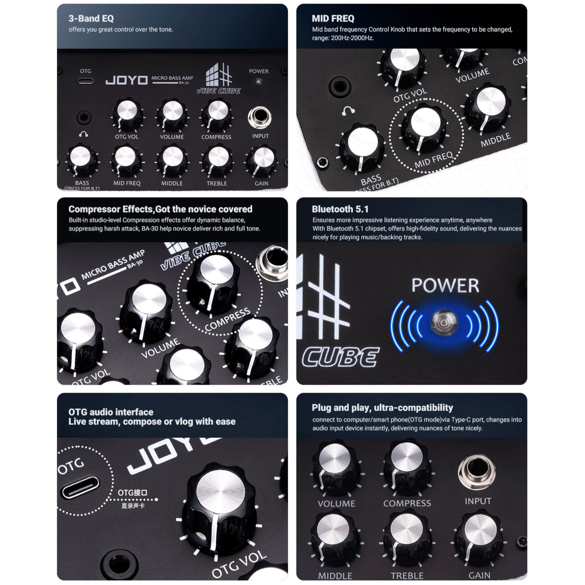 (PREORDER : EST LATE SEPT 2026) Joyo BA30 "Vibe Cube" Lightweight Rechargable 30W Multifunctional Mini Bass Amplifier w/ Bluetooth & OTG