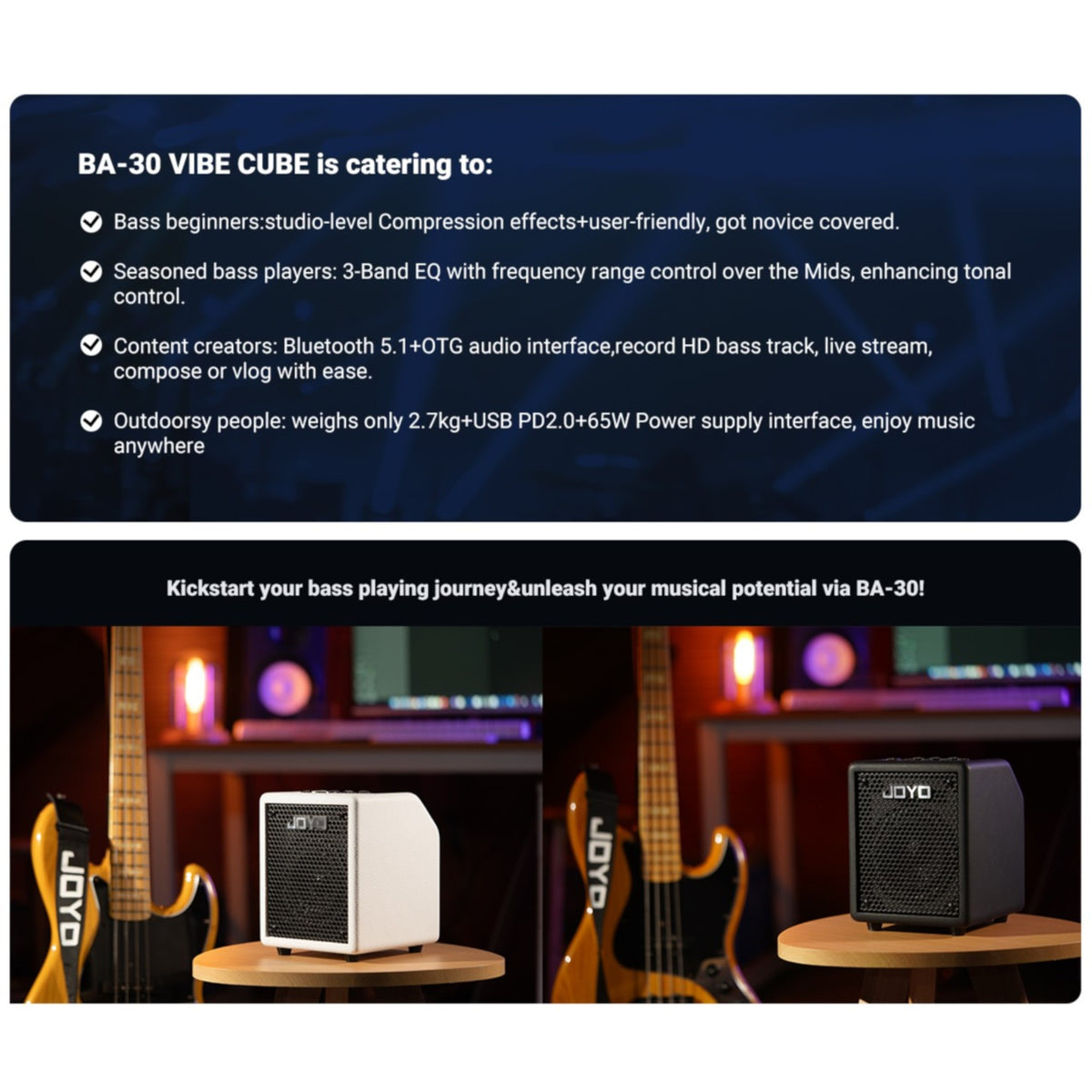 (PREORDER : EST LATE SEPT 2026) Joyo BA30 "Vibe Cube" Lightweight Rechargable 30W Multifunctional Mini Bass Amplifier w/ Bluetooth & OTG