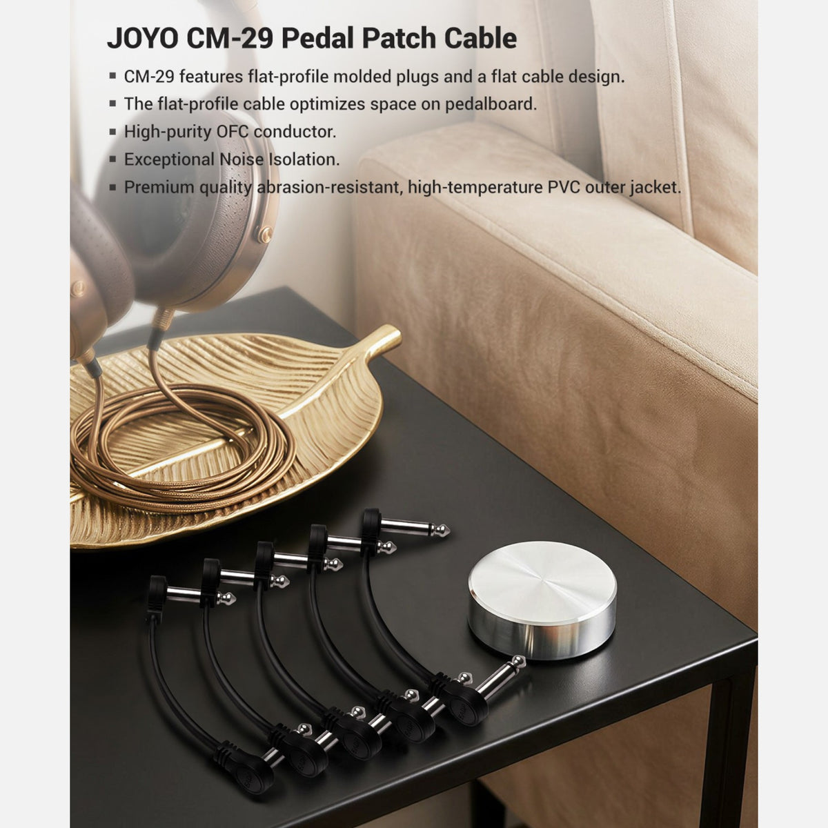 (PREORDER : EST. LATE SEPT 2026) Joyo CM29 Flat Profile OFC Pedal Patch Cable in Black - 5 Pack