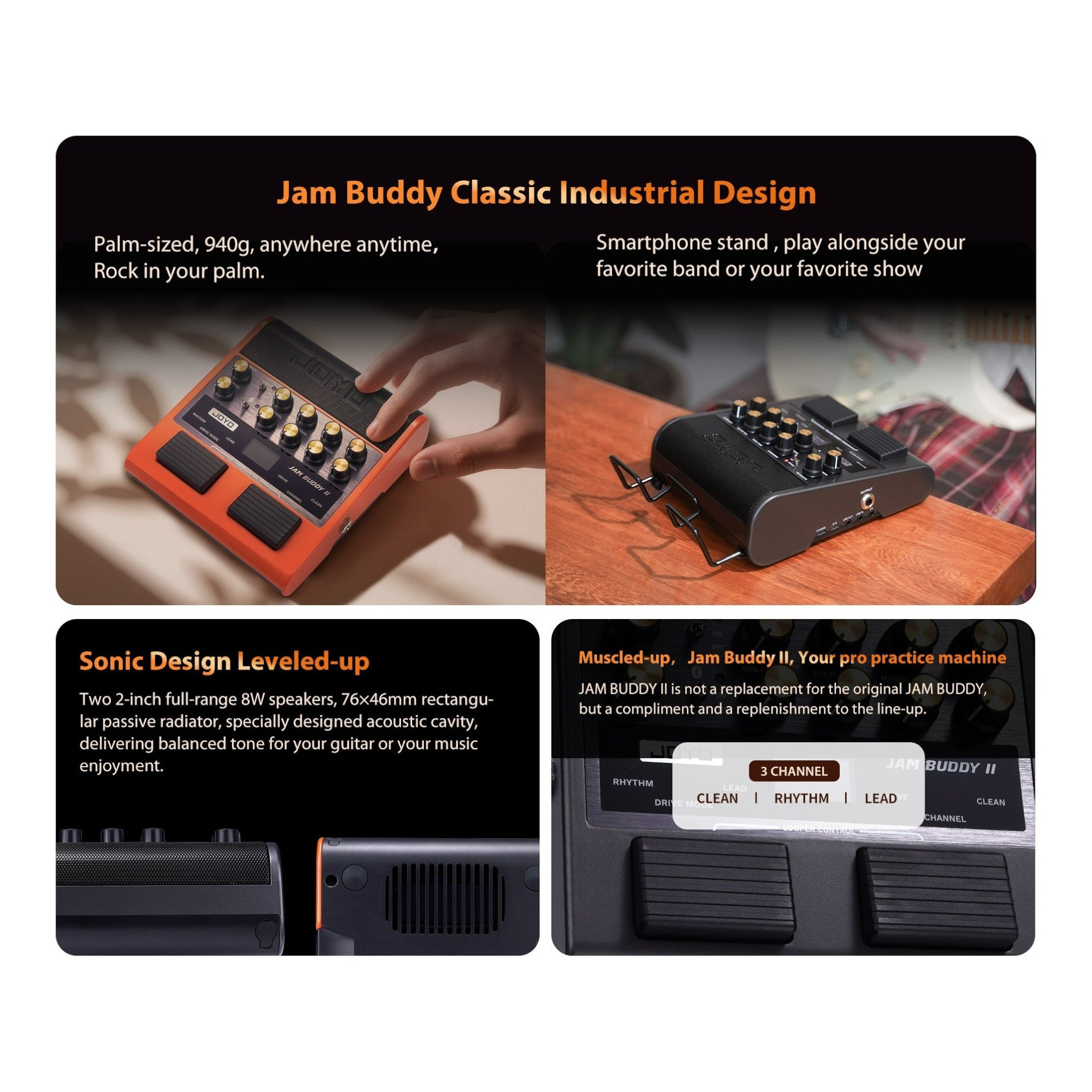Joyo Jam Buddy II Portable Multi-Effect Modelling Guitar Amplifier with Bluetooth & Looper | Black or Orange