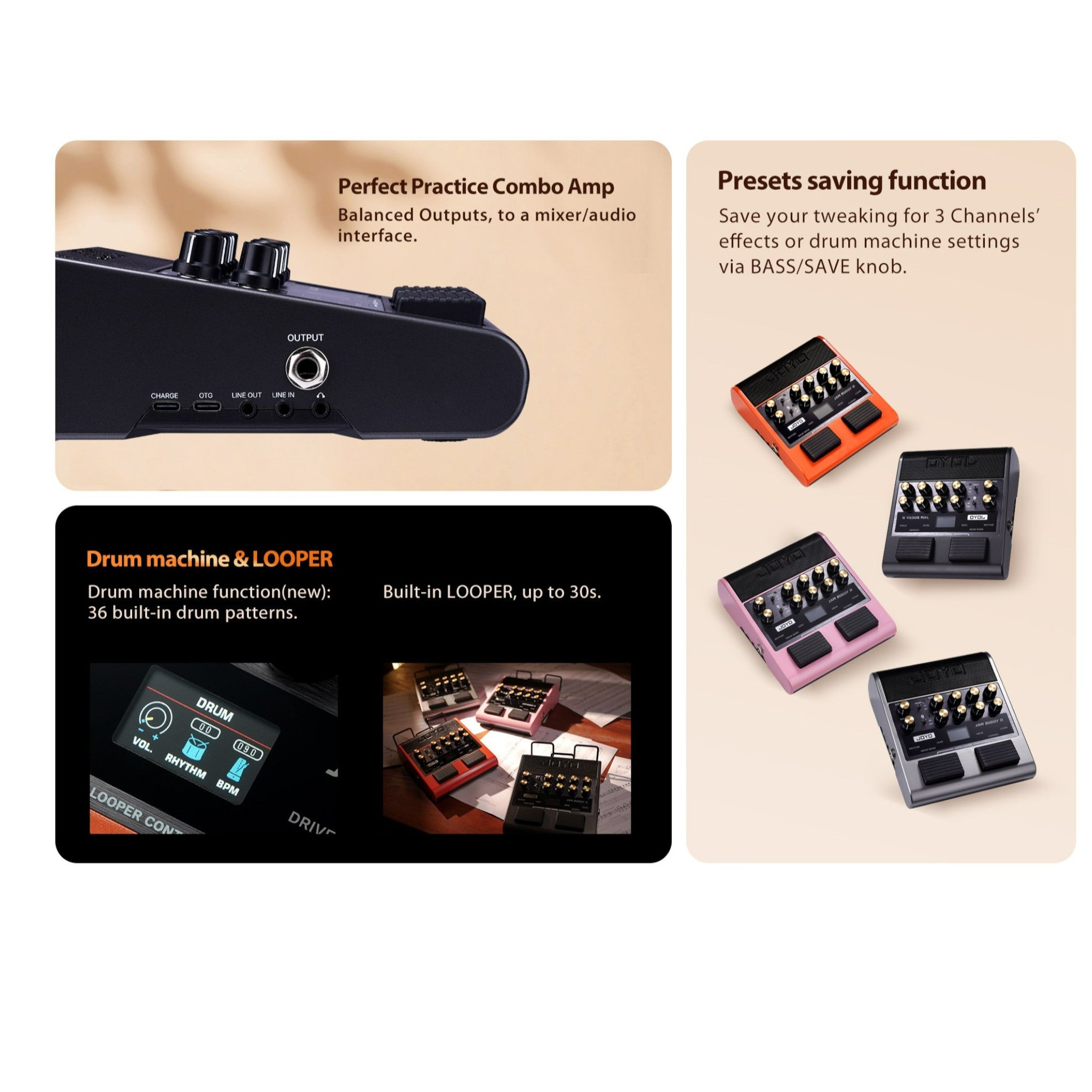 Joyo Jam Buddy II Portable Multi-Effect Modelling Guitar Amplifier with Bluetooth & Looper | Black or Orange
