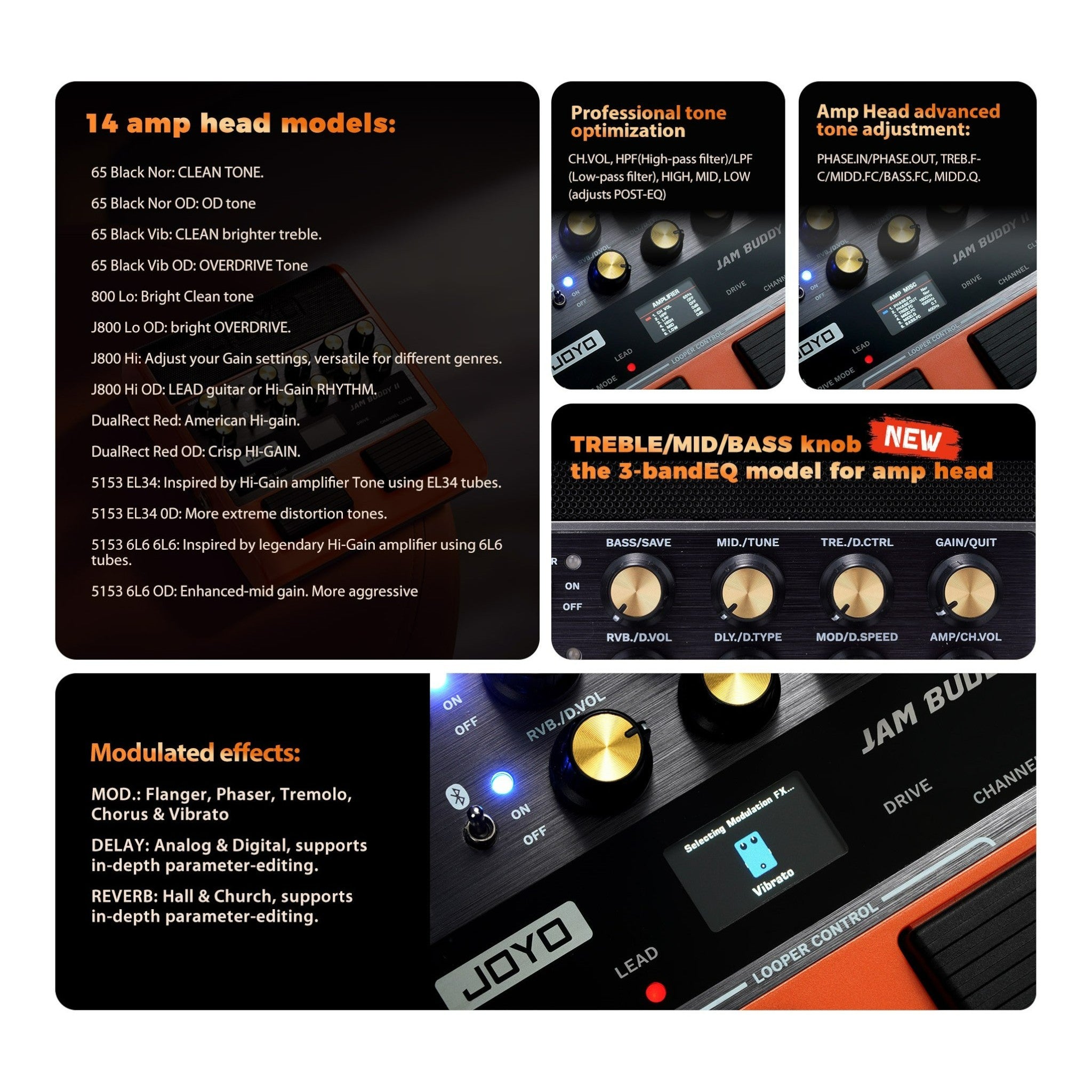 Joyo Jam Buddy II Portable Multi-Effect Modelling Guitar Amplifier with Bluetooth & Looper | Black or Orange