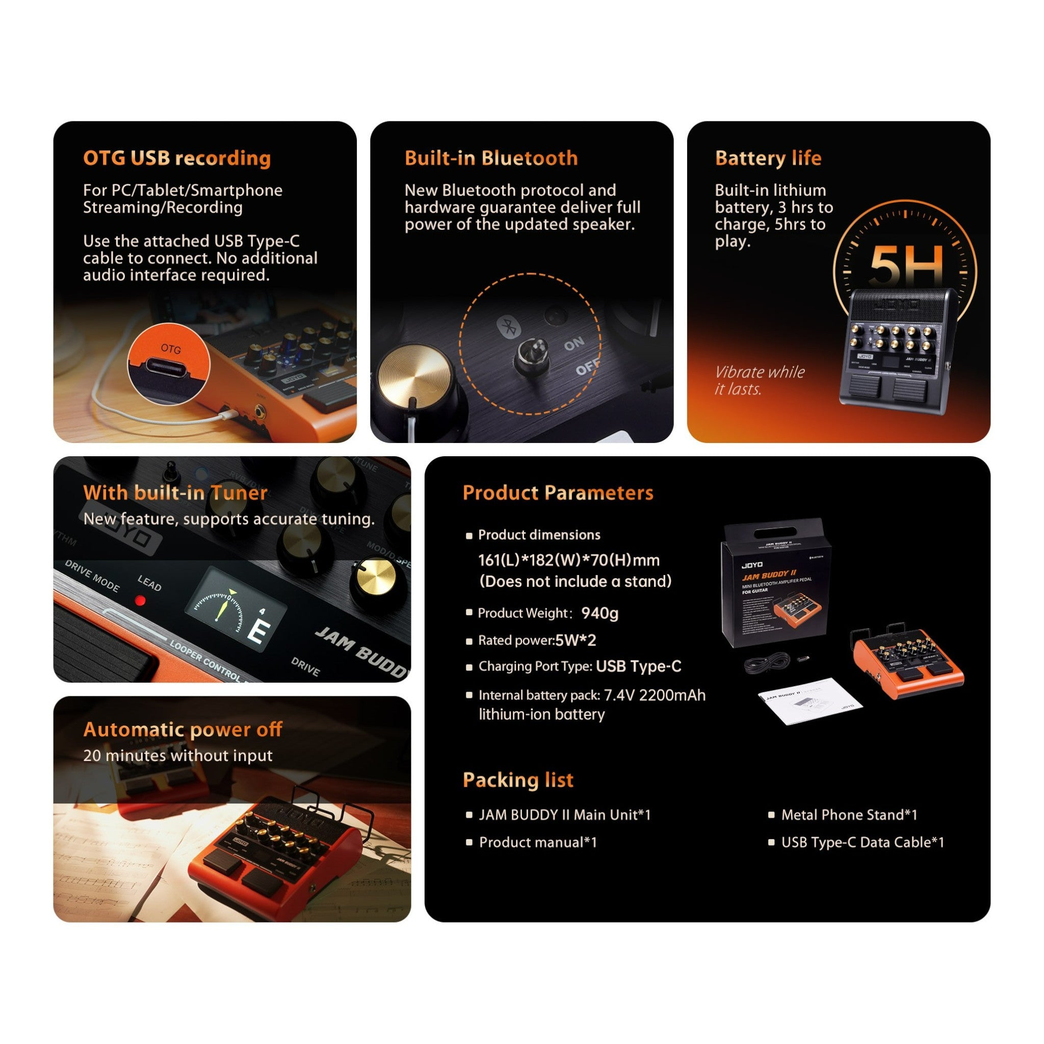 Joyo Jam Buddy II Portable Multi-Effect Modelling Guitar Amplifier with Bluetooth & Looper | Black or Orange