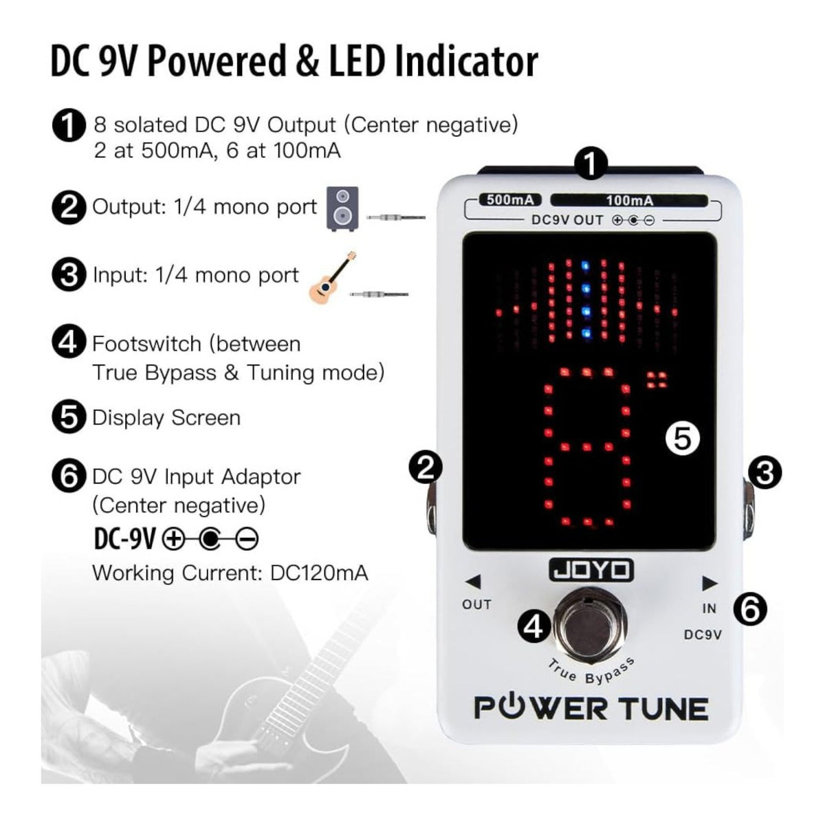 (PREORDER : EST LATE SEPT 2026) Joyo JF18R "Power Tune" Low-Noise Isolated DC 9V Power Supply & Chromatic Tuner Pedal