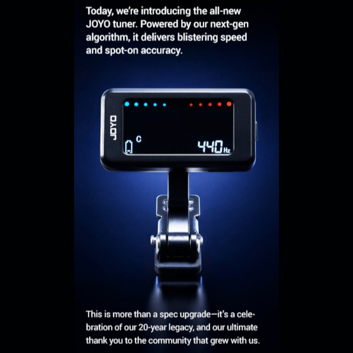 (PREORDER : EST. LATE SEPT 2026) Joyo JT480 Rechargable Professional Clip-On Extended Range Chromatic Tuner w/ Full-Colour LCD Display