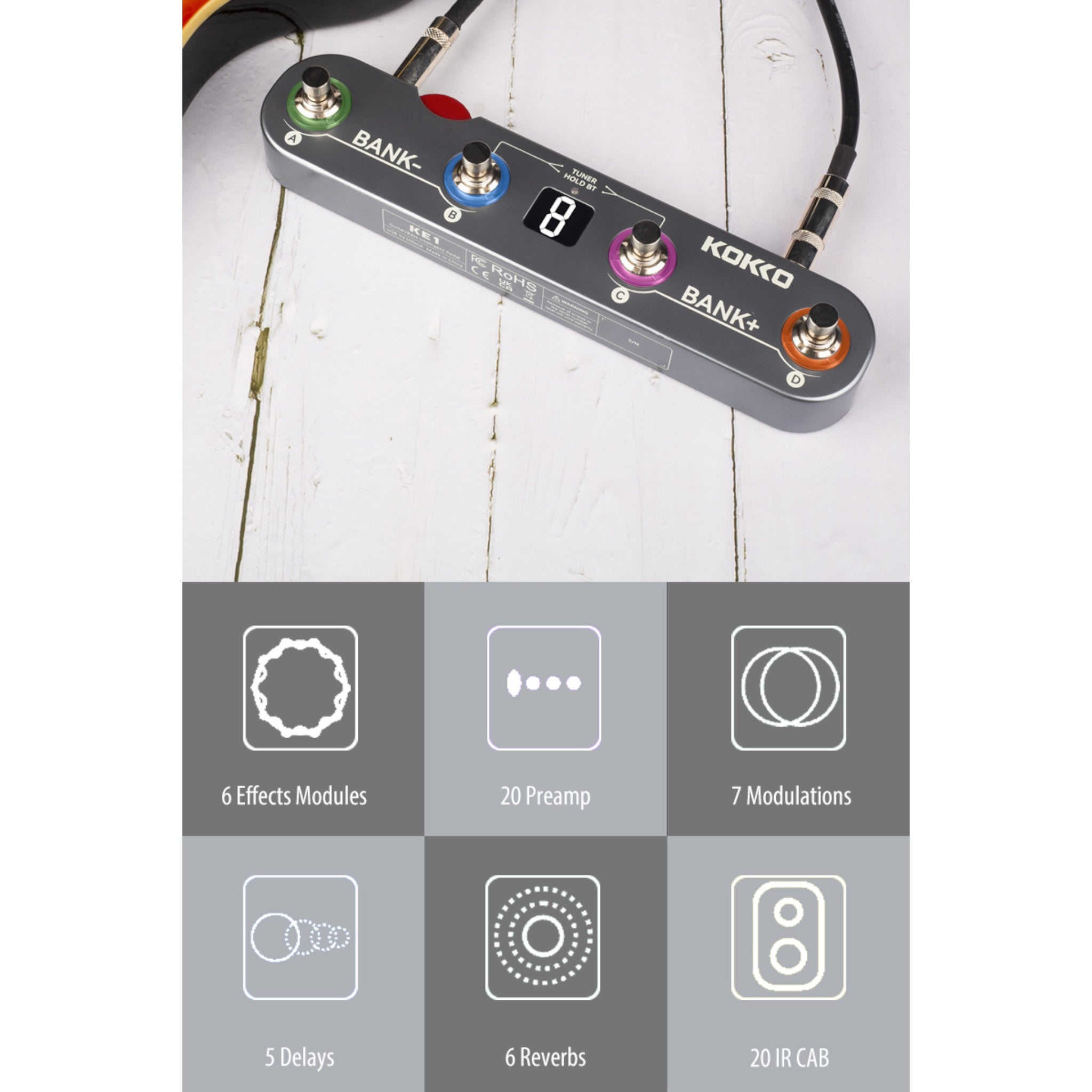 (PREORDER: MID OCT 2026) Kokko KE1 Multi-Functional Portable Guitar Effects Processor Pedal w/ Amp and IR Cab Simulations & USB Audio Interface