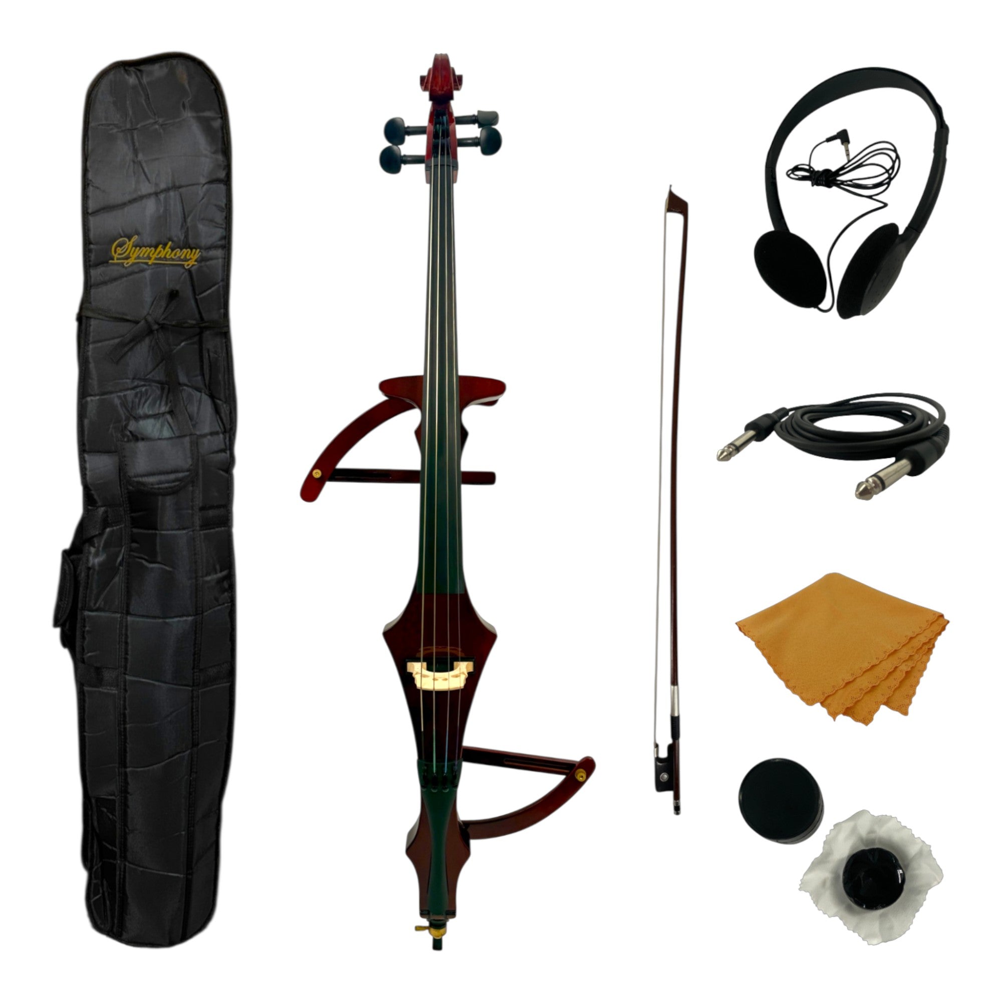 Symphony EC02R Foldable Hand-Carved Solid Catalpa Electric Cello Outfit in Woodgrain Red