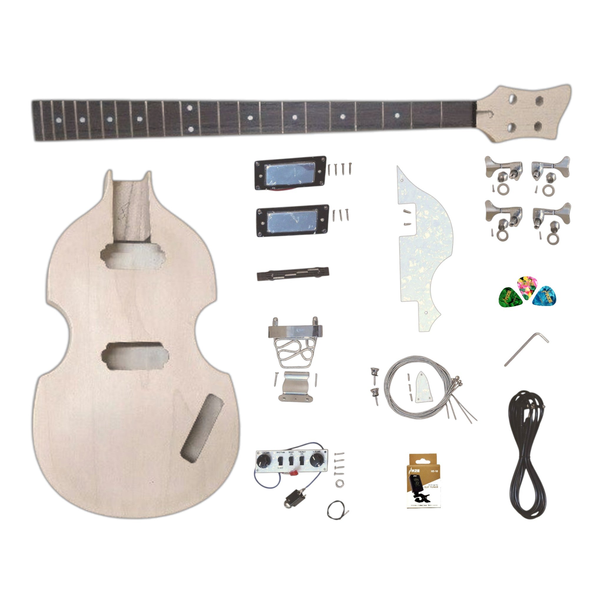 VL10DIY Hollow Basswood Body Maple Set-Neck Viola-Style Mini H-H Electric Bass Guitar DIY Kit - Complete No-Soldering w/ White Pearloid & Ebony Trims