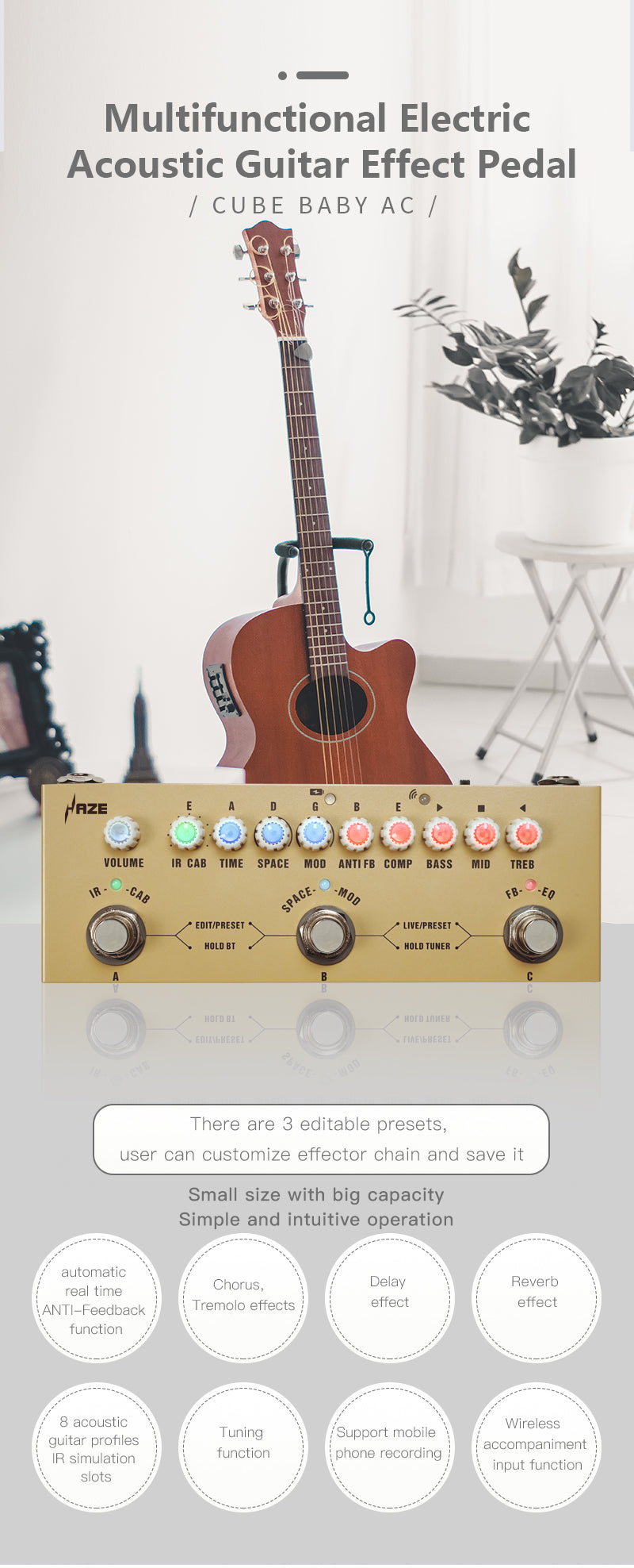 Haze Cube BABY AC Rechargeable Multi Effects Pedal for Acoustic Guitar Recording Audio Interface Function Cuvave Pedal