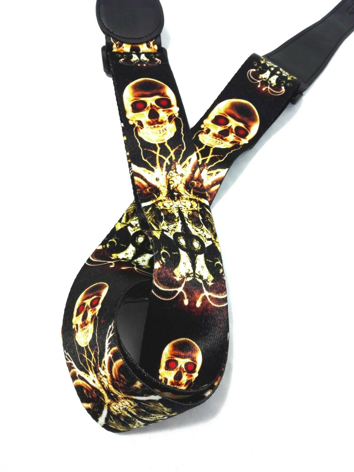 Long PU Leather End Guitar Strap, Length Adjustable 103~170cm, "Golden Skull", GSGOLD