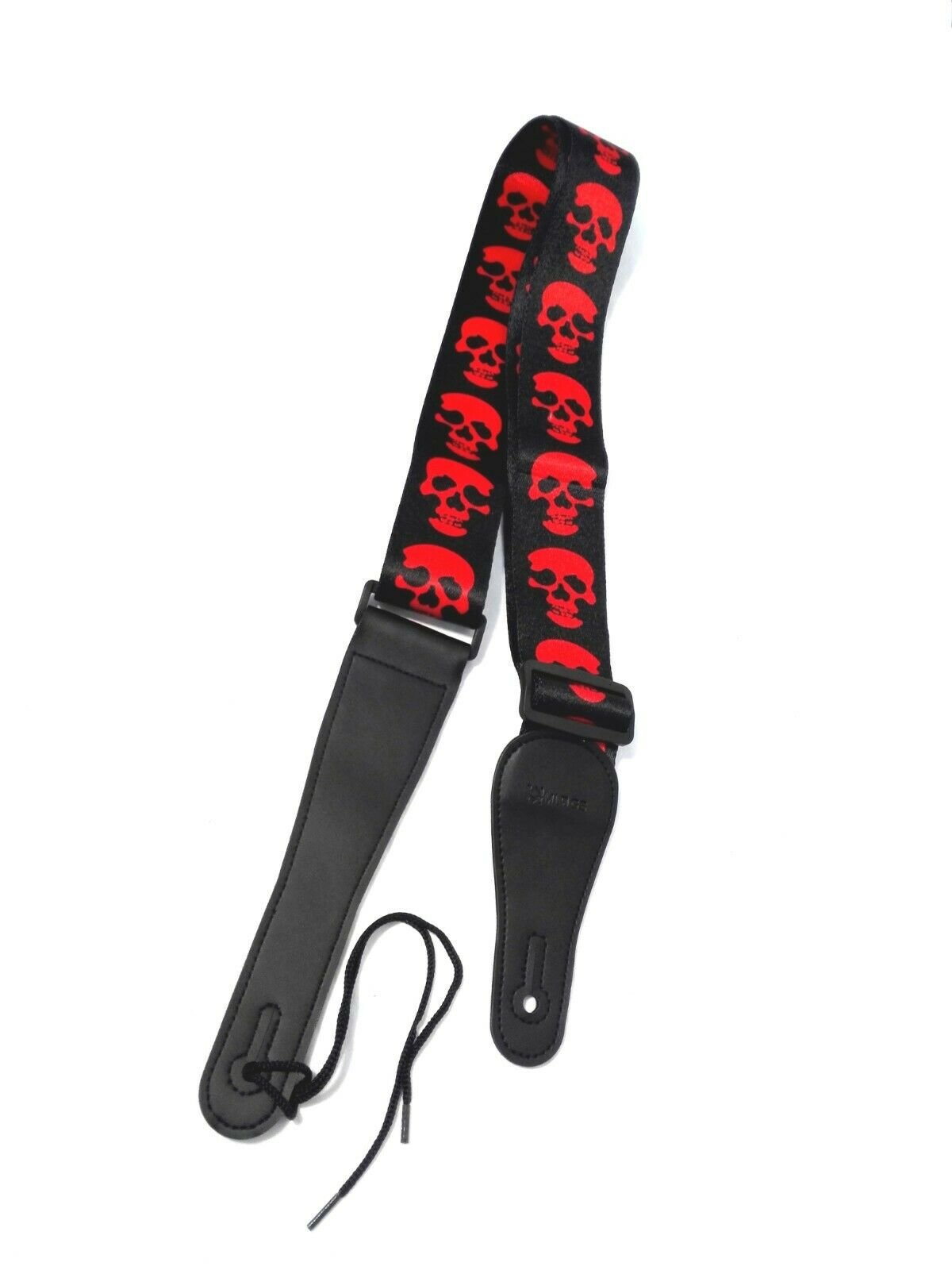 Long PU Leather End Guitar Strap, Length Adjustable 103~170cm, "Red Skull", GSRED