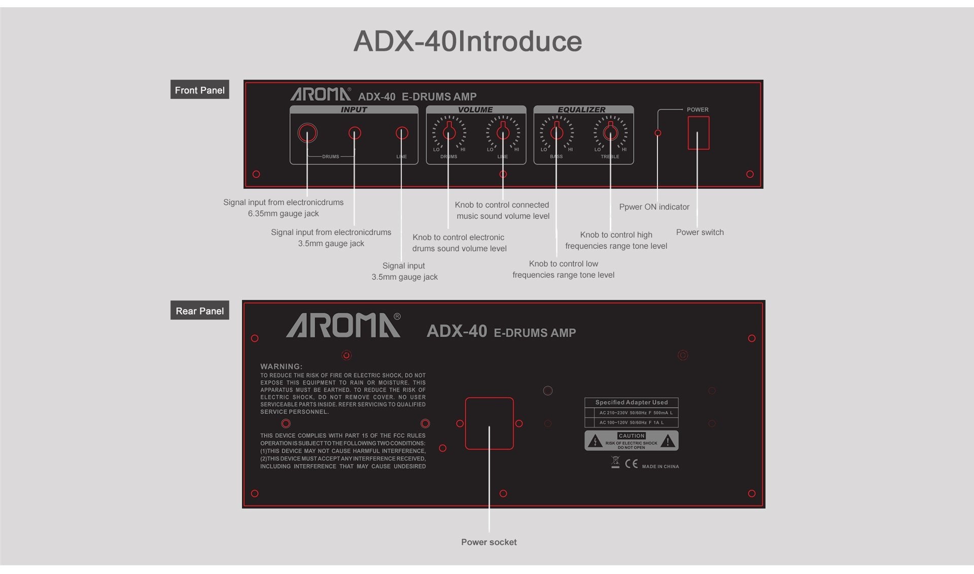 Aroma ADX40 40W Electronic Drum Kit Amplifier 10" Speaker Monitor Electric Amp