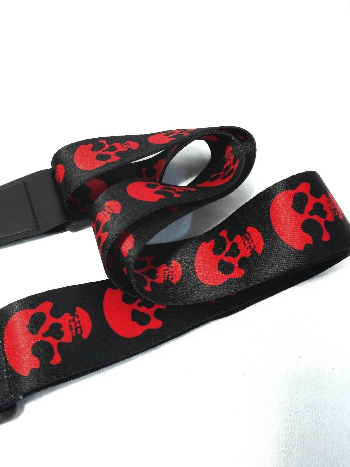 Long PU Leather End Guitar Strap, Length Adjustable 103~170cm, "Red Skull", GSRED